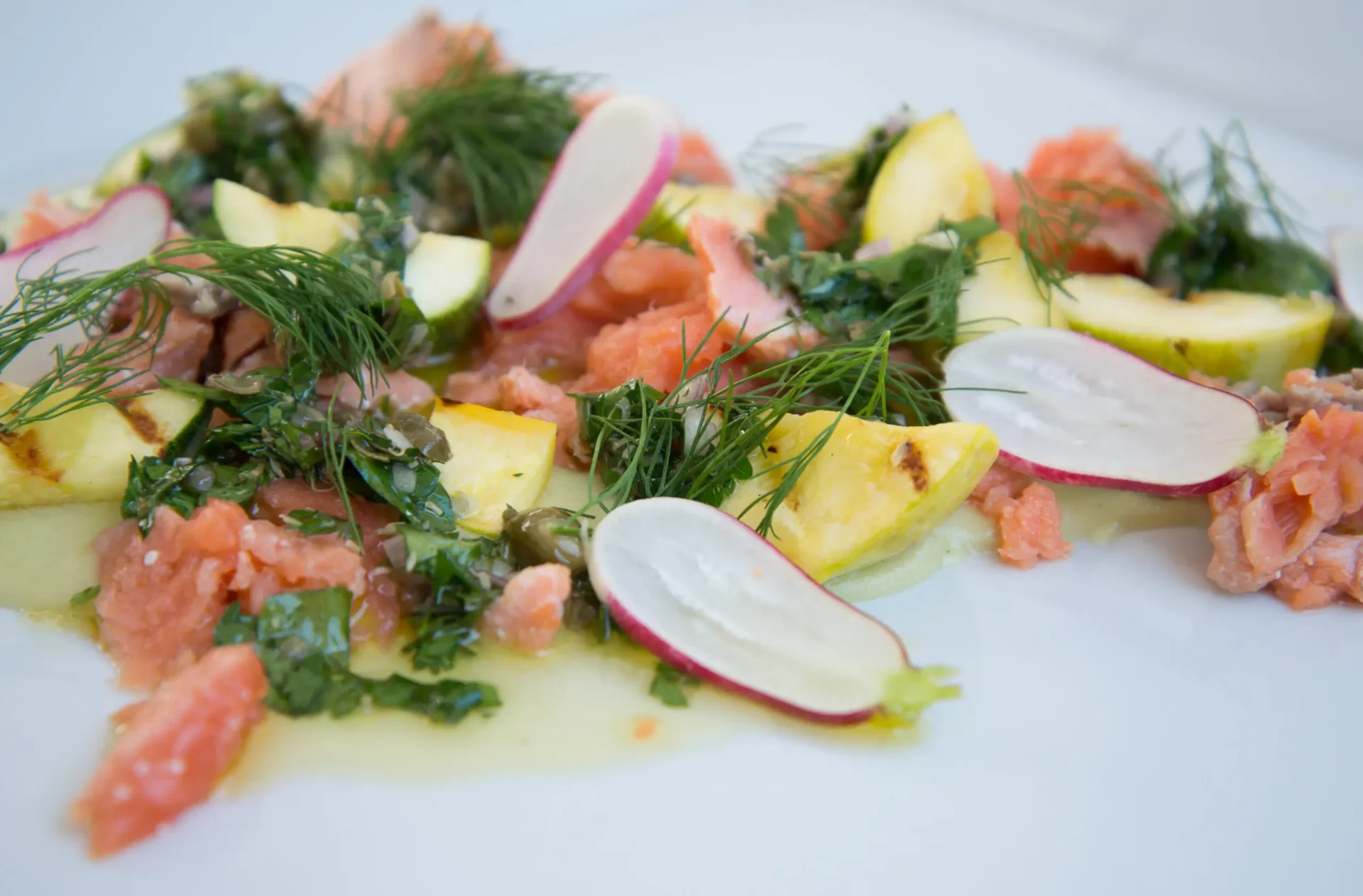 31st Union's Smoked King Salmon, Brentwood Corn Puree, Summer Squash, Salsa Verde