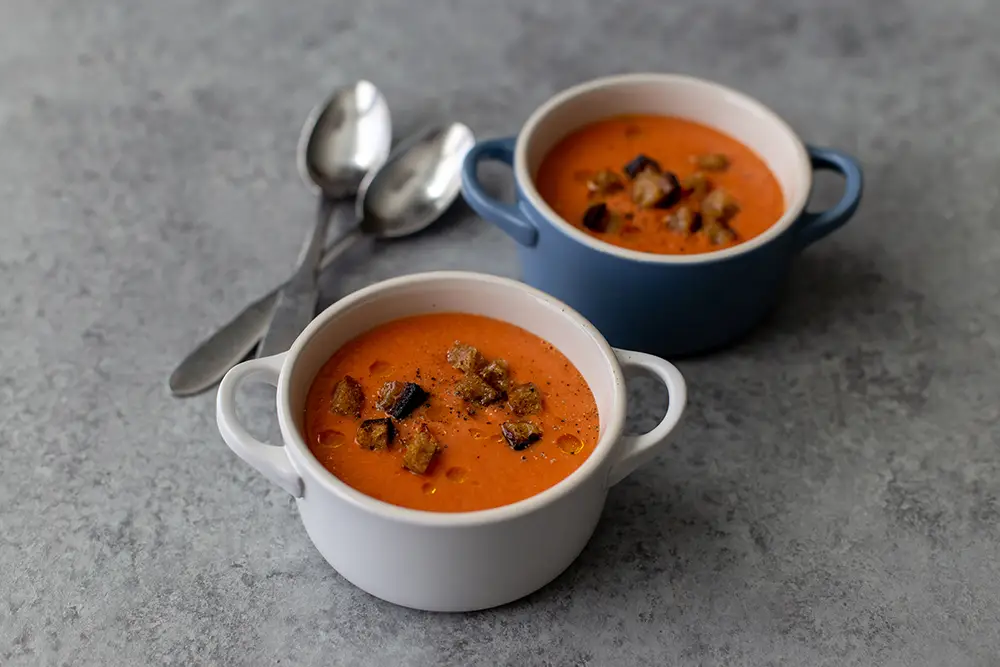 Two servings of Sourdough Tomato Gazpacho.