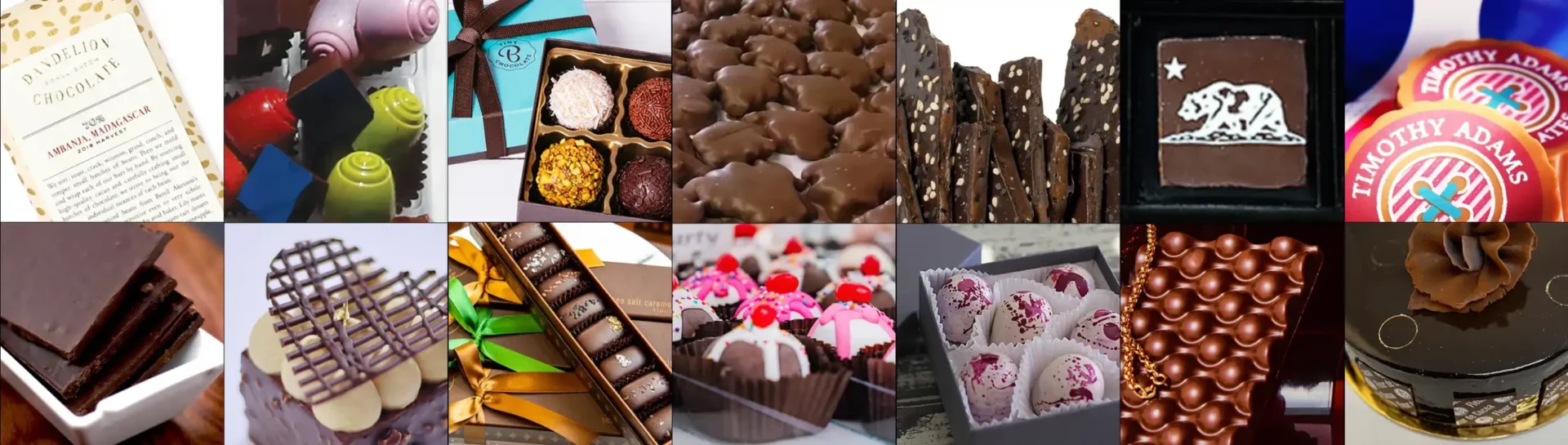 A collage of 14 images of chocolates from businesses described below starting with a Dandelion Chocolate bar and ending with Fleur de Cocoa mousse cake.