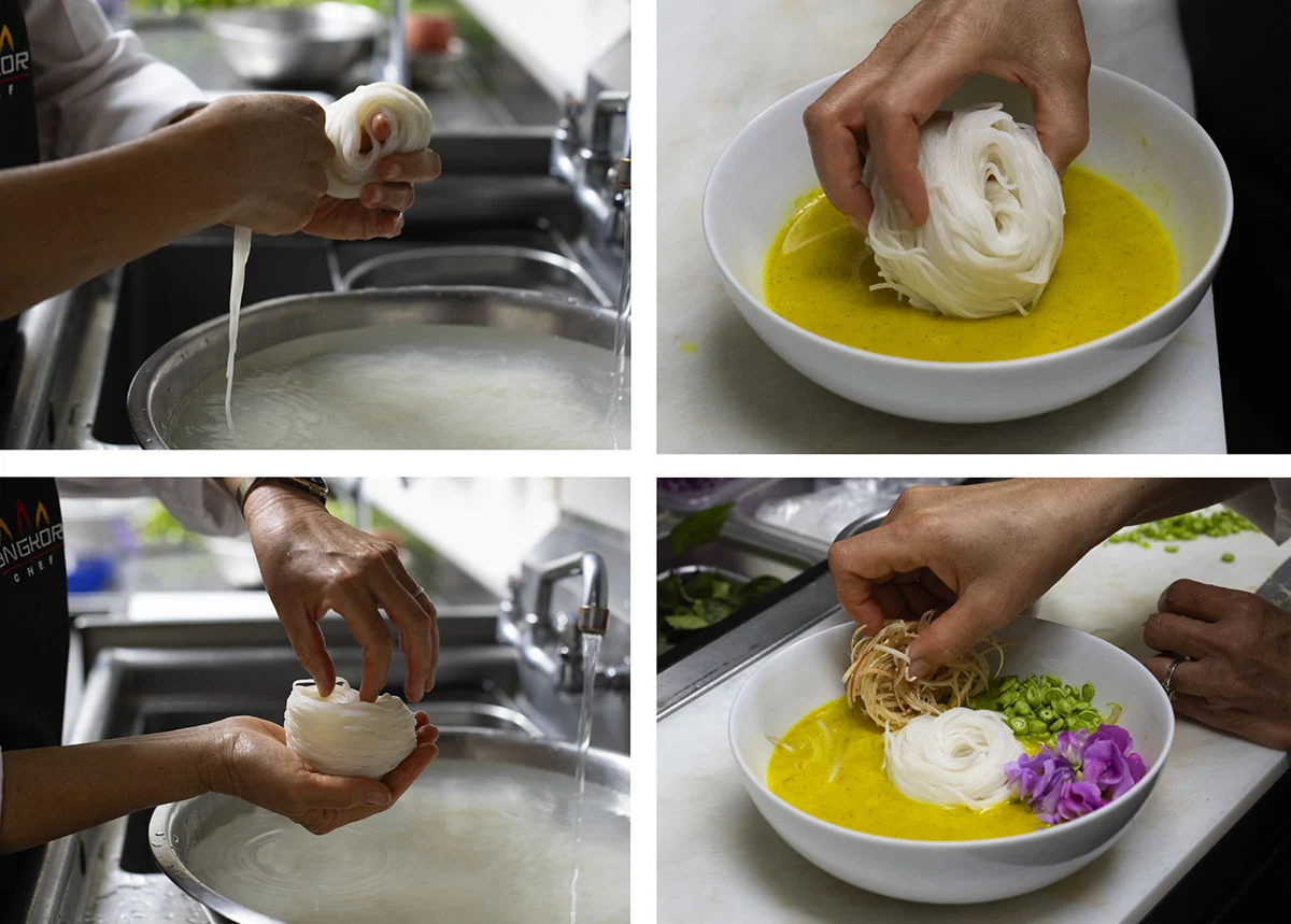 Chef Channy Laux shows the process to make the long rice noodles into a circular nest for dishes like nom banh chok.
