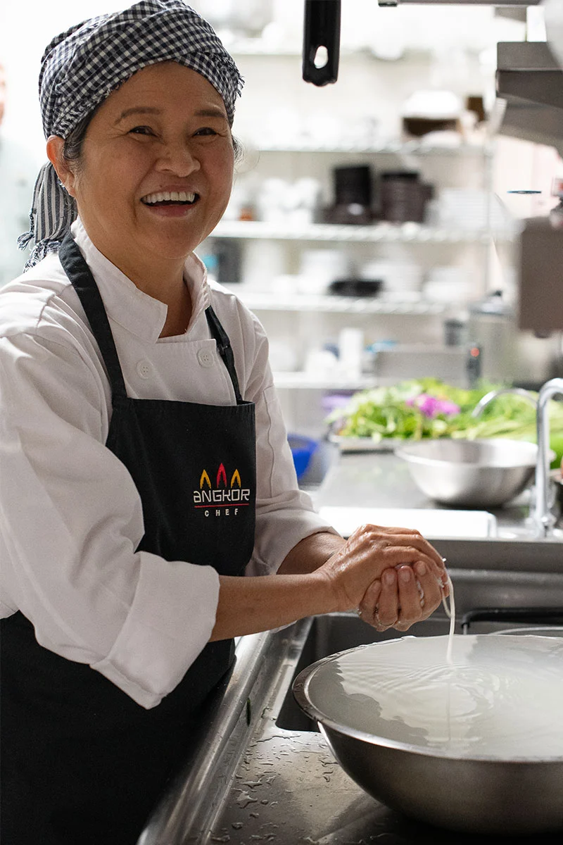 Chef Channy Laux making nests with rice noodles