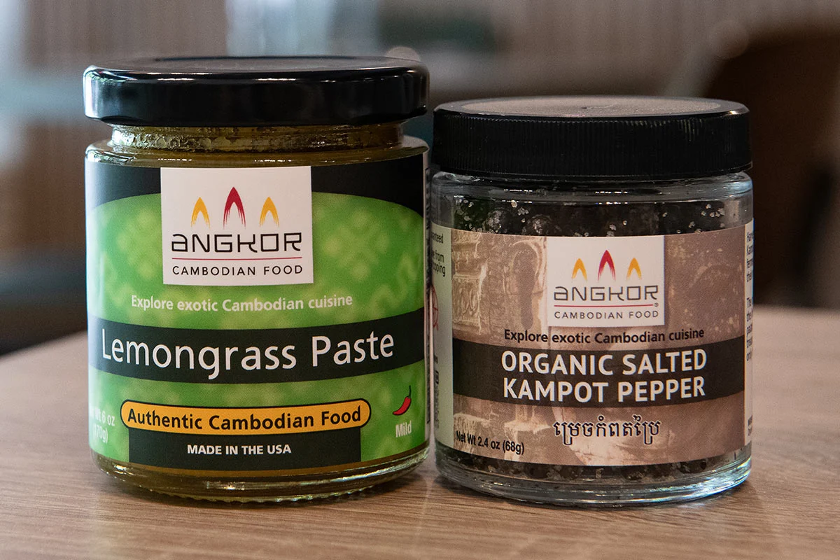 Cambodian specialty food you can buy to make Cambodian dishes at home. Lemongrass paste and organic salted kampot pepper from Angkor Cambodian Food.